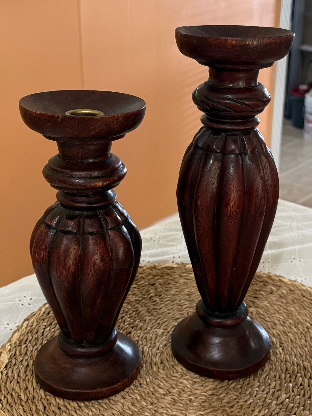 Carved Wooden Candle Holders in Dark Brown - Set of 2